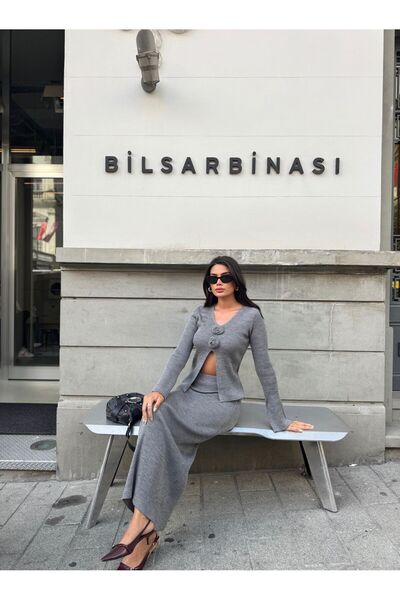 Bak'ap Set de tricotaje din 2 piese, cardigan cu detalii de trandafiri premium și fustă lungă