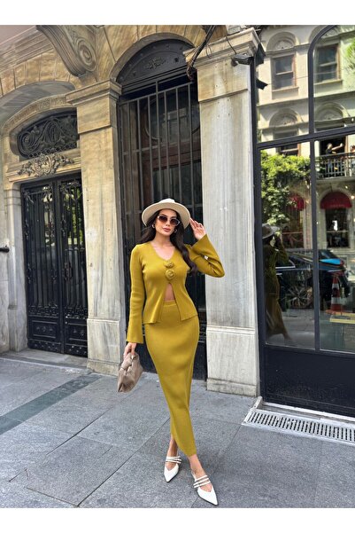 Bak'ap Premium Rose Detailed Cardigan-Long Skirt 2-Piece Knitwear Set