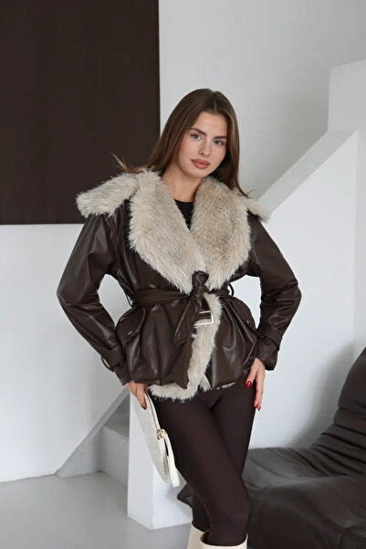 By ÖTE Palton premium din piele cu blană