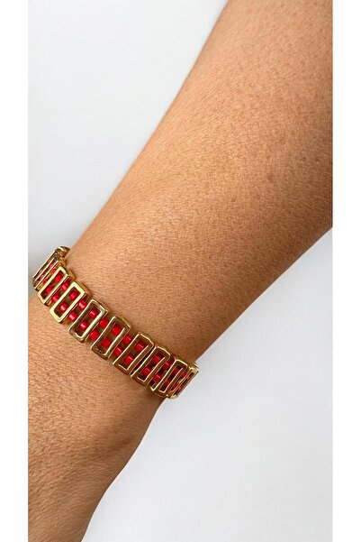 Bensei Takı Dükkanı BENSEİ Pirinç Üzeri Altın Kaplama Aksesuarlı, Miyuki Boncuklu Kırmızı Bileklik