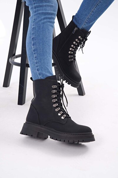 nuvilo حذاء نسائي أسود من جلد النوبوك برباط ونعل مسطح وسحاب