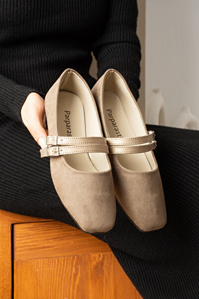 Parparastil Gracy Beige Women's Suede Buckle Ballerina Square Toe Elegant Flat Sole Casual Shoes