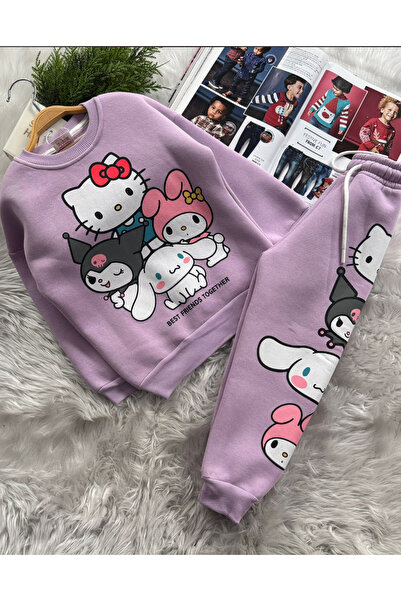 Kız Çocuk Hello Kitty Kuromi My Melody Baskılı Lila 3 İplik Şardonlu Eşofman Takımı