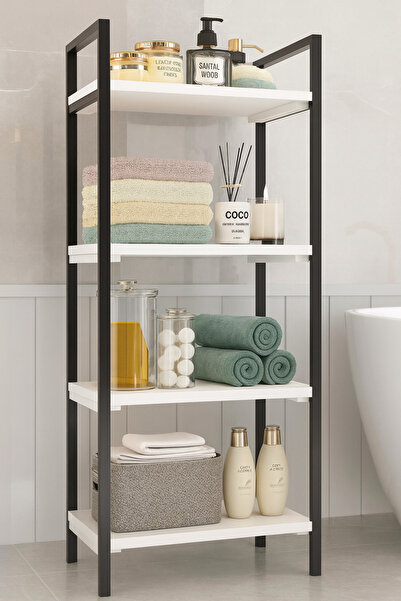 GUİMO رف خشبي أبيض بإطار معدني مكون من 4 طبقات - منظم متعدد الأغراض للحمام (98 × 39 × 22 سم)