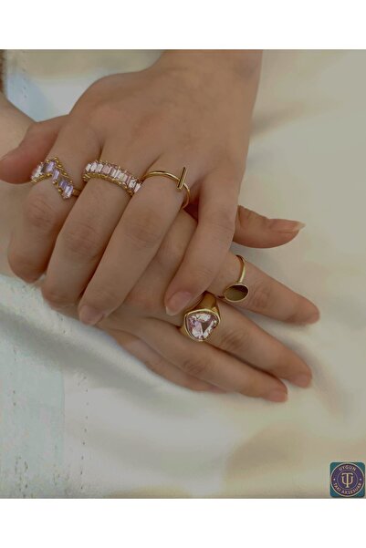 uyguntakıaksesuar مجموعة خواتم مكونة من 5 قطع مع أحجار وردية وتصميم بسيط - من...