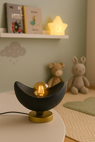 Findify Store Luna Tasarım Masa Lambası Altın Detaylı Abajur Loş Amber Işık, Rustik Ampul Hediyeli 20 x 37 cm