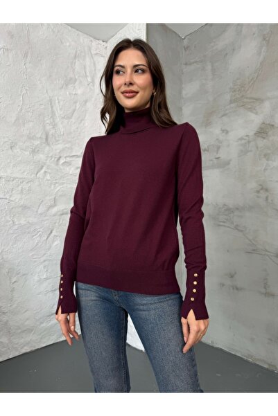 Elif Özbey Butik Plum Turtleneck Gold Buttoned Knitwear Blouse