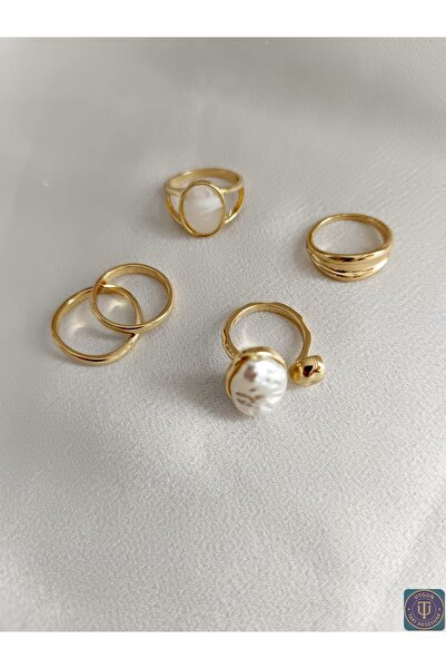 uyguntakıaksesuar مجموعة من خواتم فولاذية مكونة من 5 قطع مع اللؤلؤ ذهبي اللون...