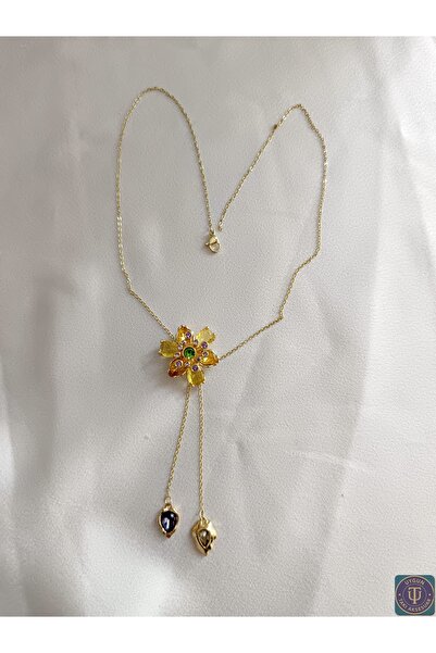 uyguntakıaksesuar Renkli Taşlı Çiçek Gold Çelik Kolye – Sallantılı Zarif Tasarım