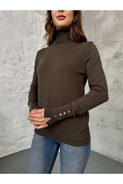 Elif Özbey Butik Khaki Turtleneck Gold Buttoned Knit Blouse