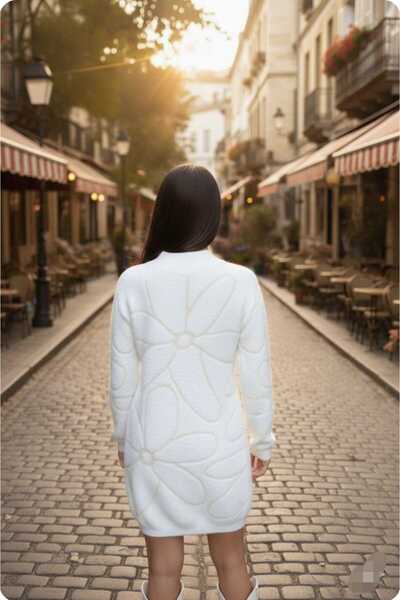 aytenli Half Turtleneck Floral Patterned S to 2XL Compatible Standard Size Bearded Soft Long Knit Sweater