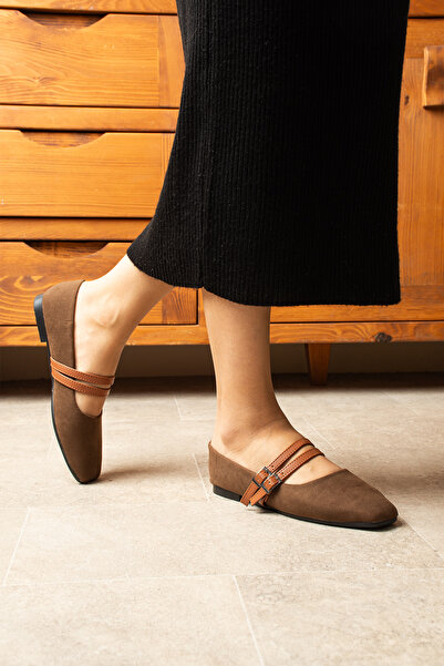 Parparastil Gracy Brown Women's Suede Buckle Ballerina Square Toe Elegant Flat Sole Casual Shoes