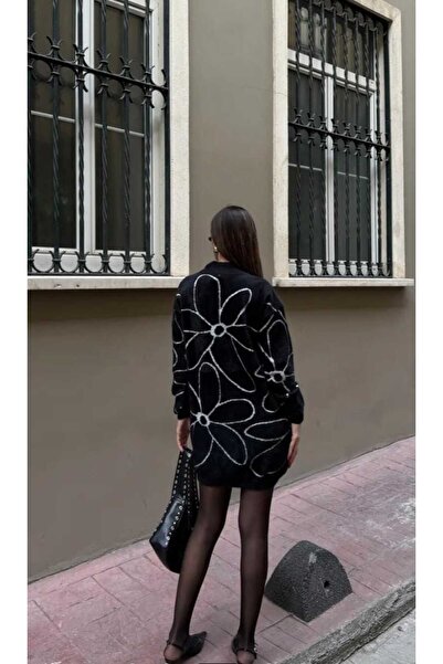 aytenli Yarım Balıkcı Yaka Çiçek Desenli S 2XL ye Uyumlu Standart Beden Sakallı Yumuşacık Uzun Triko Kazak