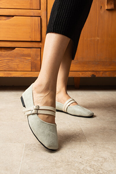 Parparastil Gracy Ecru Women's Suede Buckle Ballerina Square Toe Elegant Flat Sole Casual Shoes