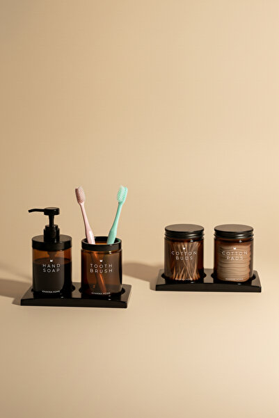 KHAKMA Amber Glass 4-Piece Bathroom Set |   Soap Dispenser, Toothbrush Holder, Cotton Swab Holder, Ear Swab Box 250 ml