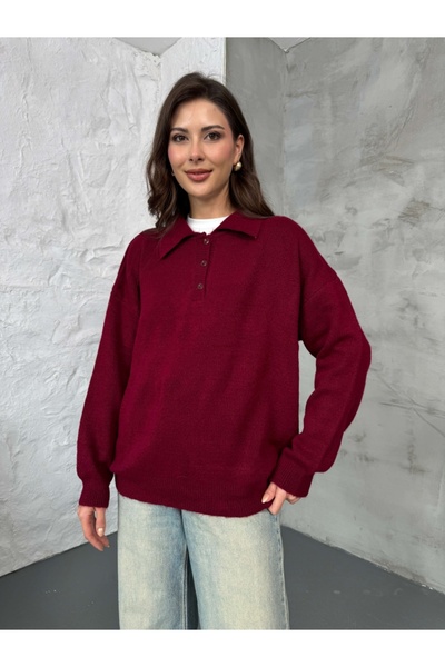 Elif Özbey Butik Bordo Polo Yaka Düğmeli Triko Kazak