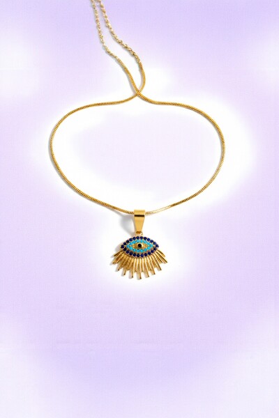 Bizle Tasarla Altın Renk Mavi Nazar Göz Figürlü Zirkon Taşlı Çelik Kolye Zarif Eşe Sevgiliye Öğretmene Hediye