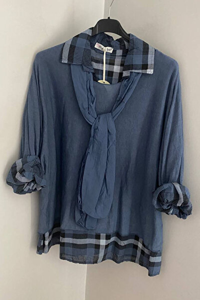 AYASOFYA OTANTIK Γυναικείο ιταλικό πουκάμισο με καρό σχέδιο μπλε ινδικό μπλε με φουλάρι 3 τεμαχίων πλεκτό μπλούζα