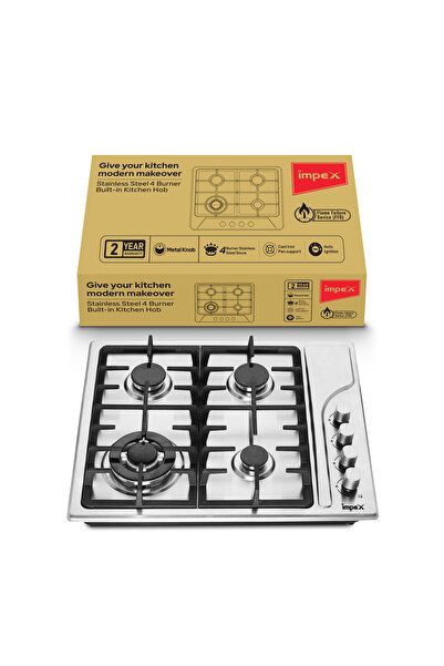 İMPEX موقد غاز مدمج بأربعة شعلات | ستانلس ستيل | إشعال تلقائي | فضي