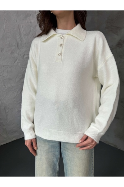 Elif Özbey Butik Ecru Polo Neck Buttoned Knit Sweater