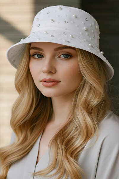 CAŞ DEKORASYON White Color Pearl Design Hat