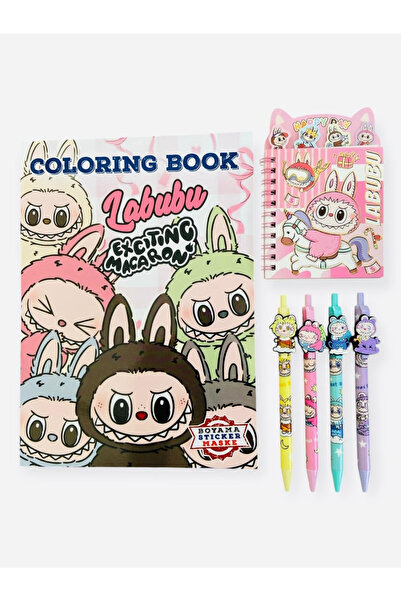 ÖZ OFİS Labubu 4'lü Uçlu Kalem Sticker Defter Boyama Kitabı Sticker ve Maske Hediyeli