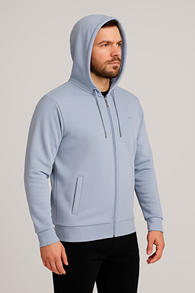 Maccali Ανδρικό μακρυμάνικο μπλουζάκι μπλε με με κουκούλα φερμουάρ