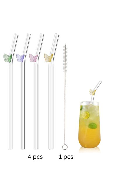Generic THE ARTFUL BLEND 4-Piece Reusable Glass Drinking Straws â€“ Colorful Butterfly Design on Clear 7.9