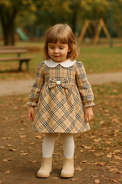 Renata's kız bebek çocuk ekose desenli fiyonklu bebe yaka elbise