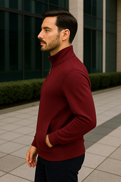 Maccali Men's Long Sleeve Mock Neck Burgundy Zippered Sweatshirt