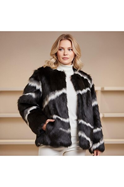 ihaoo Black and white fur coat