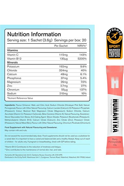 Humantra Hydration Packets (20 count) - Zero Sugar Electrolyte, Berry Pomegranate