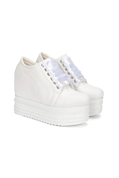 Stilo Kadın Gizli Topuklu Beyaz İnci Detaylı 12cm Rahat Gelin Ayakkabısı