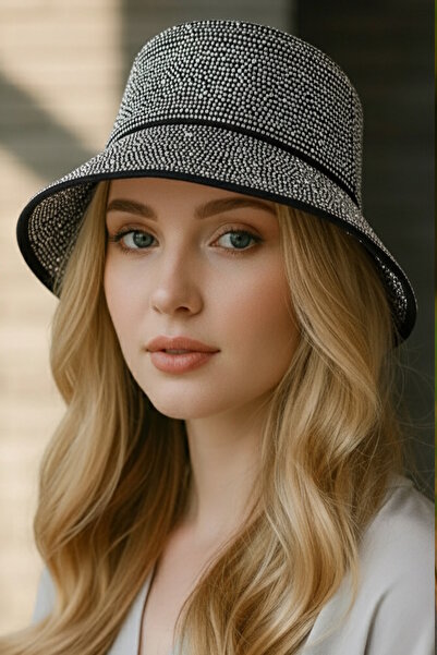 CAŞ DEKORASYON Black Color Stone Design Hat