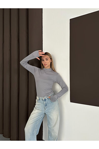 RDK Giyim Kadın Gri Parmak Detaylı Body