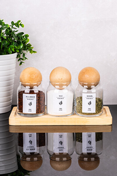 DNS HOME 3-Piece Glass Jar with Wooden Ball Lid, Salt and Pepper Shaker Set with Wooden Stand and Labels, Jar Set 300 ml