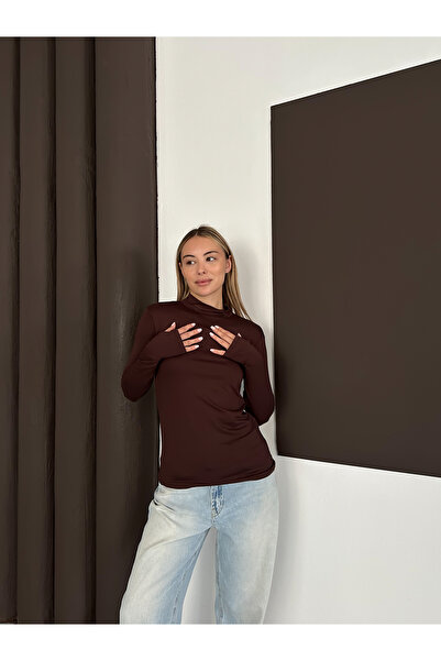 RDK Giyim Women's Brown Finger Detailed Bodysuit