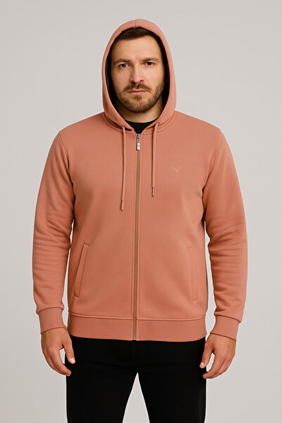 Maccali Men's Long Sleeve Pink Hooded Zippered Sweatshirt