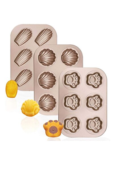 Hihonor عبوة من 3 قوالب مادلين، مقاس 10×7 بوصة، مصنوعة من الفولاذ الكربوني غير اللاصق بستة تجاويف (قطة/موز/صدفة)