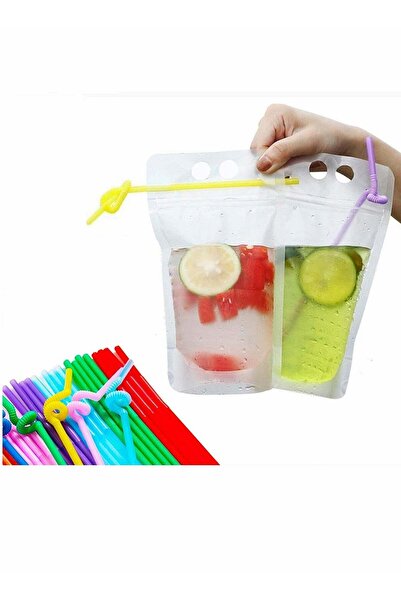 Generic Excefore 50 Pcs Drink Pouches with Straws Stand Up Hand Held Translucent Reclosable Heat Proof Plas