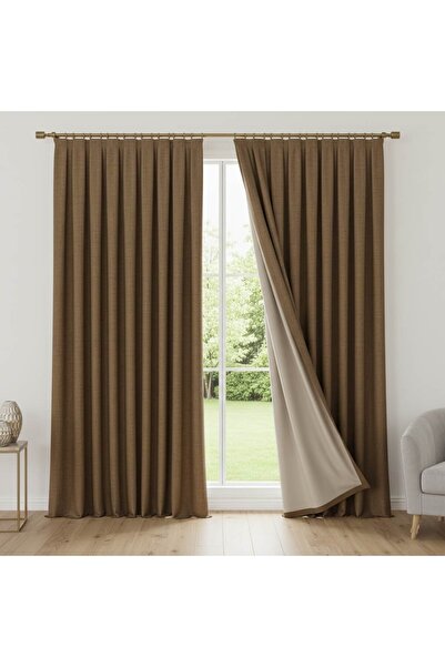 Madame Dower Κουρτίνα από λινό με καφέ επένδυση Nuvet, ίσια εφαρμογή χωρίς πιέτες |   Ύφασμα λινό & Μεταξένια επένδυση