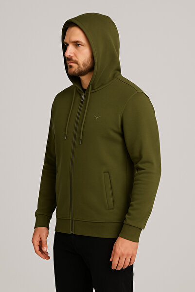 Maccali Men's Long Sleeve Khaki Hooded Zippered Sweatshirt