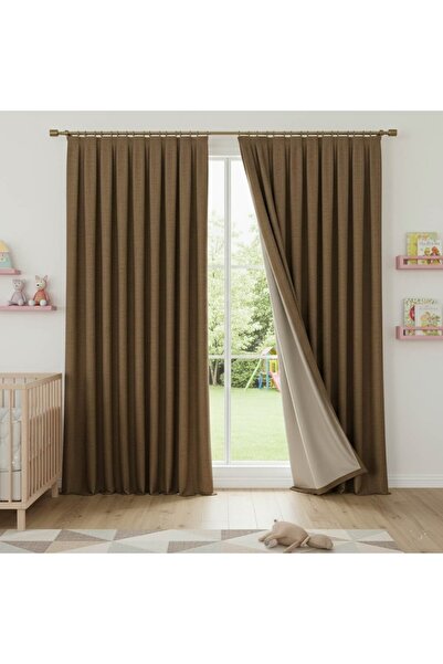 Madame Dower Κουρτίνα από λινό με καφέ επένδυση Nuvet, ίσια εφαρμογή χωρίς πιέτες |   Ύφασμα λινό & Μεταξένια επένδυση