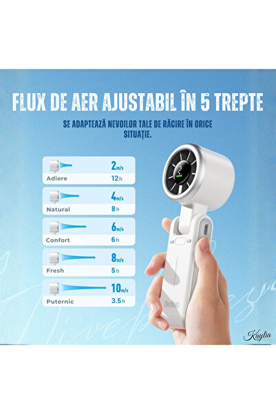 kaylia Portable Fan - Rechargeable, 5 Speeds, Fast Cooling, Turbo Fan, White