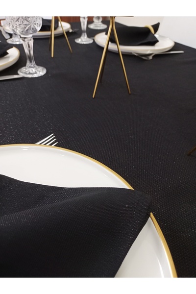Zeren Home Piko Gold Sarma Detaylı Polyester Keten Dertsiz Masa Örtüsü Simli Siyah