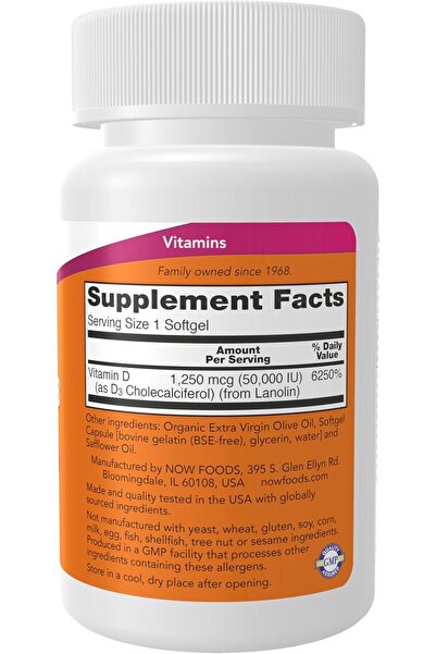 Now Foods Vitamin D-3 50,000 IU Softgels, 50 softgels