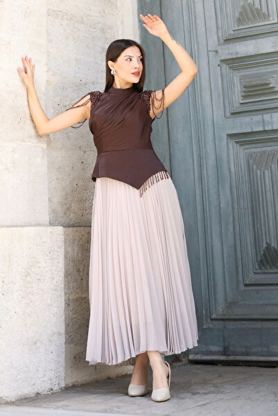 lodmela Shoulder Embroidered Pleated Evening Dress 2385-Brown/Beige