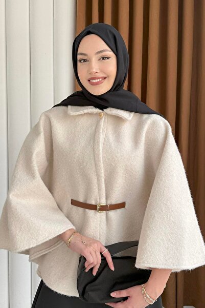 Genel Markalar Düğmeli Kemer Detaylı Kırçıllı Kaşe Pelerin Panço-EKRU