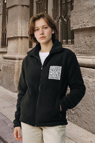 BİRBEYSTORE Plush Cardigan Unisex Model with Pockets Comfortable Fit Mock Neck Front Embroidered Zippered Black