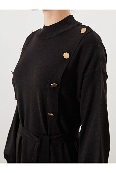 LC Waikiki LCW Modest Siyah Dik Yaka Kuşaklı Triko Elbise W5GP47Z8